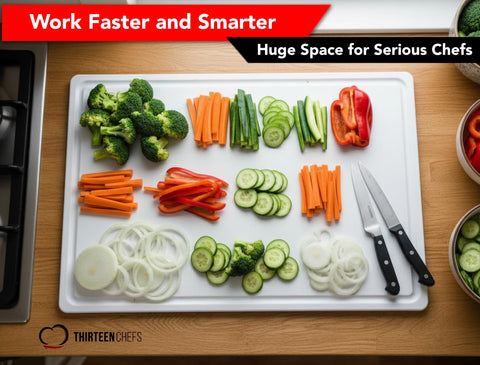 Thirteen Chefs 10-pound cutting board provides sturdy support for large prep sessions.