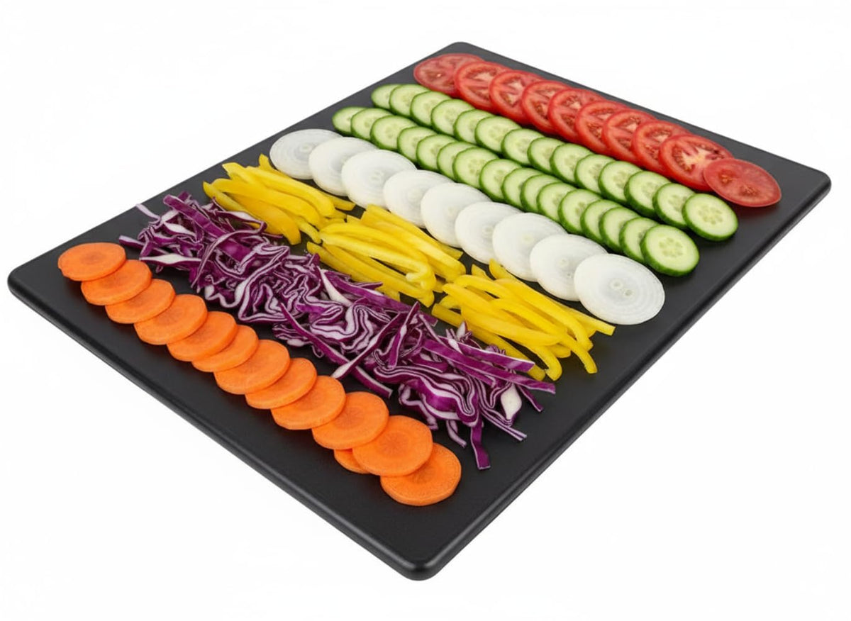 Thirteen Chefs black cutting board with 18x12 surface for family meal prep on a counter