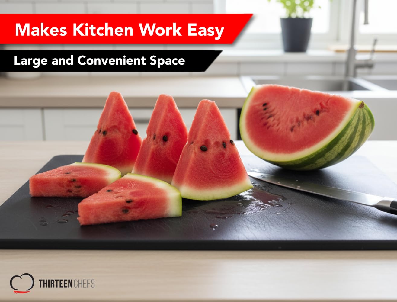 Thirteen Chefs cutting board weighs about 3 pounds for sturdy handling