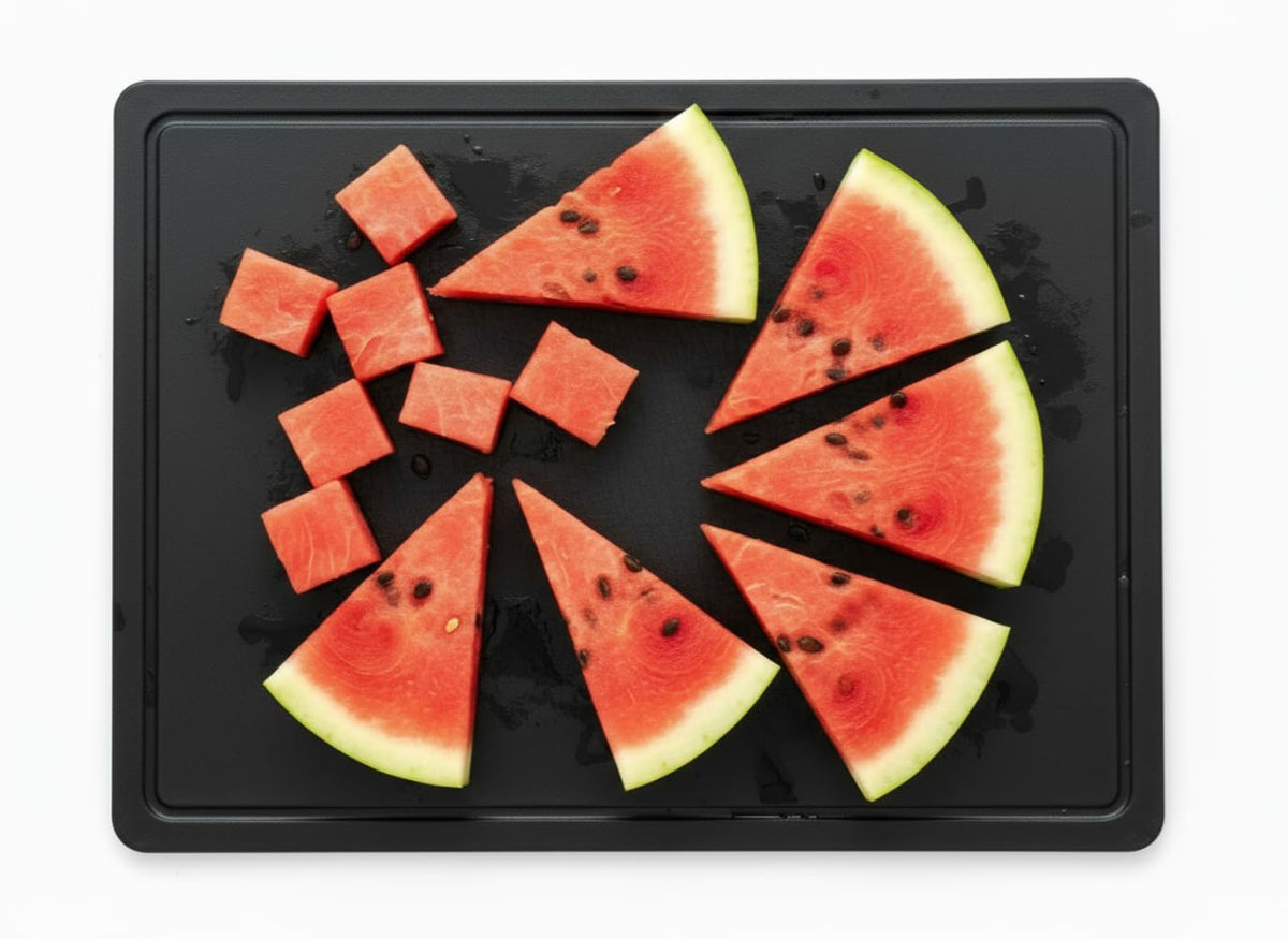 Thirteen Chefs black cutting board with juice groove catching meat juices during prep