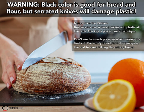 Thirteen Chefs cutting board showing warp-resistant construction under use