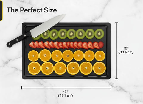 Thirteen Chefs 18x12 inch board showing generous cutting area and thickness