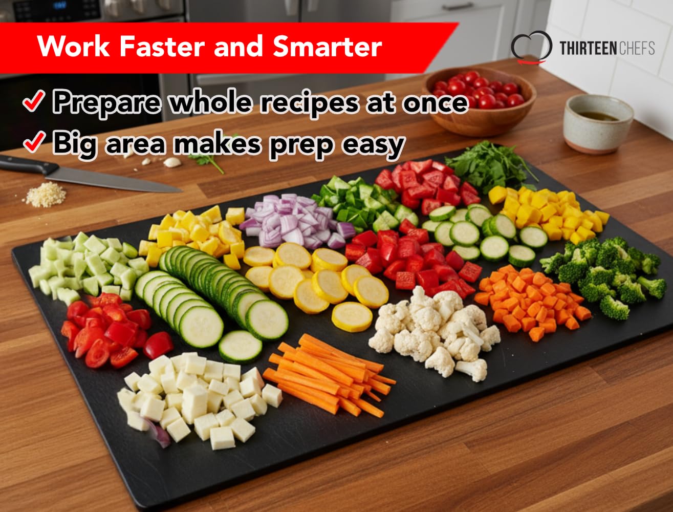 Thirteen Chefs black HDPP cutting board resists stains and warping during BBQ prep