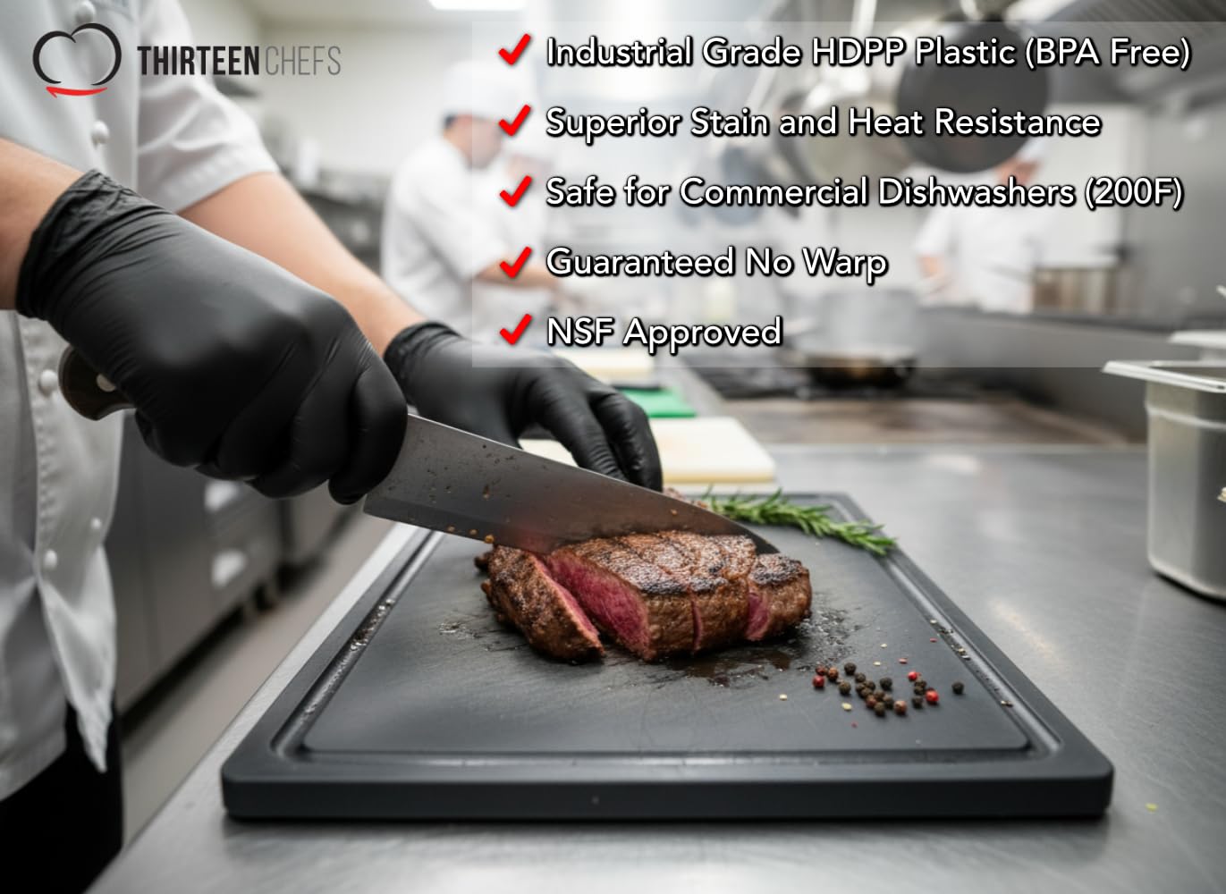 Thirteen Chefs black cutting board hides knife marks and stains effectively