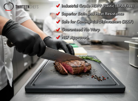 Thirteen Chefs black cutting board hides knife marks and stains effectively