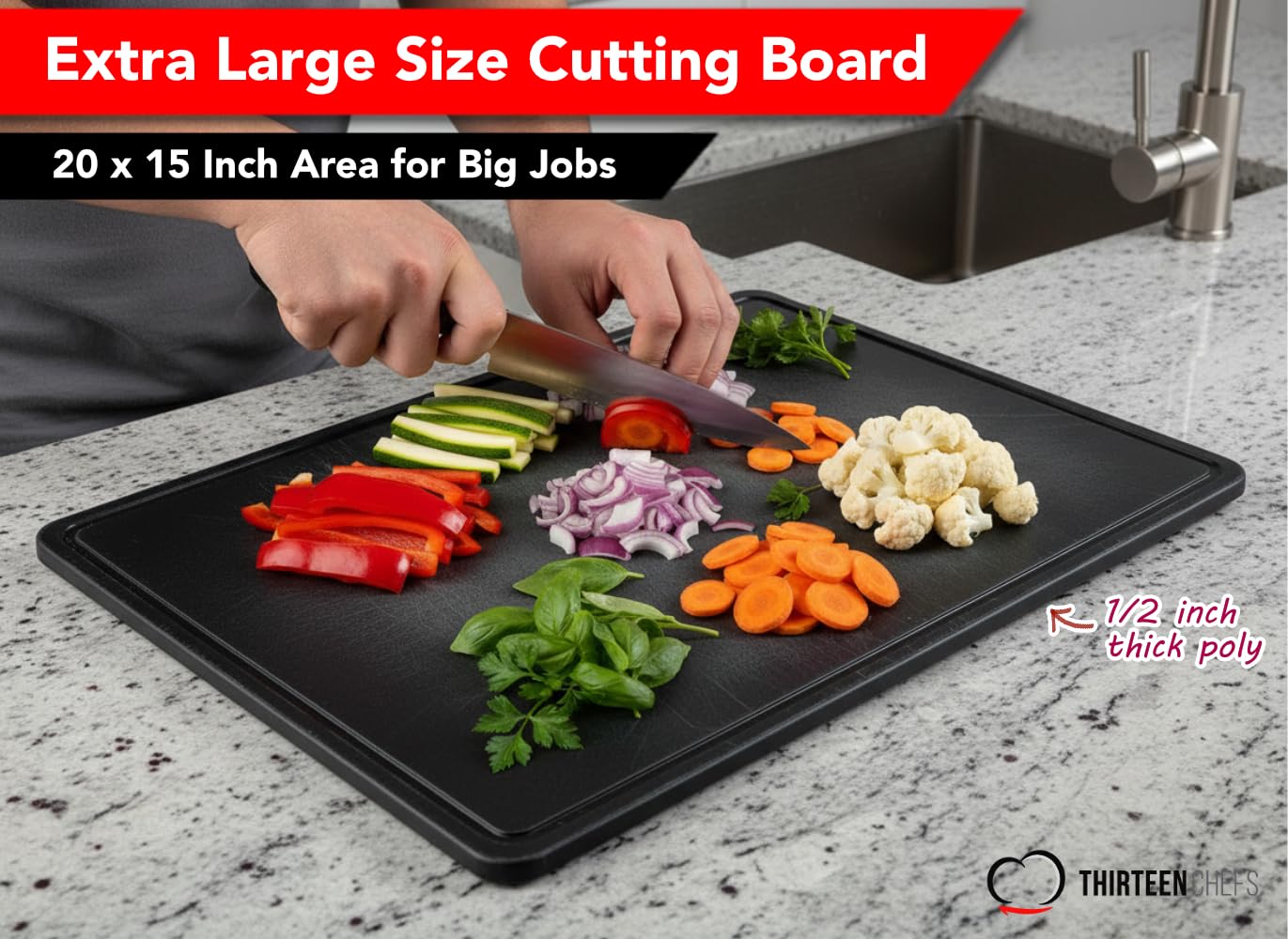 Thirteen Chefs cutting board juice groove closeup highlighting mess containment.