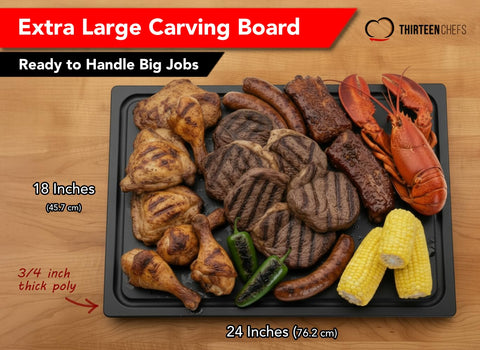 Grooved juice channel on the Thirteen Chefs board traps liquids during carving.