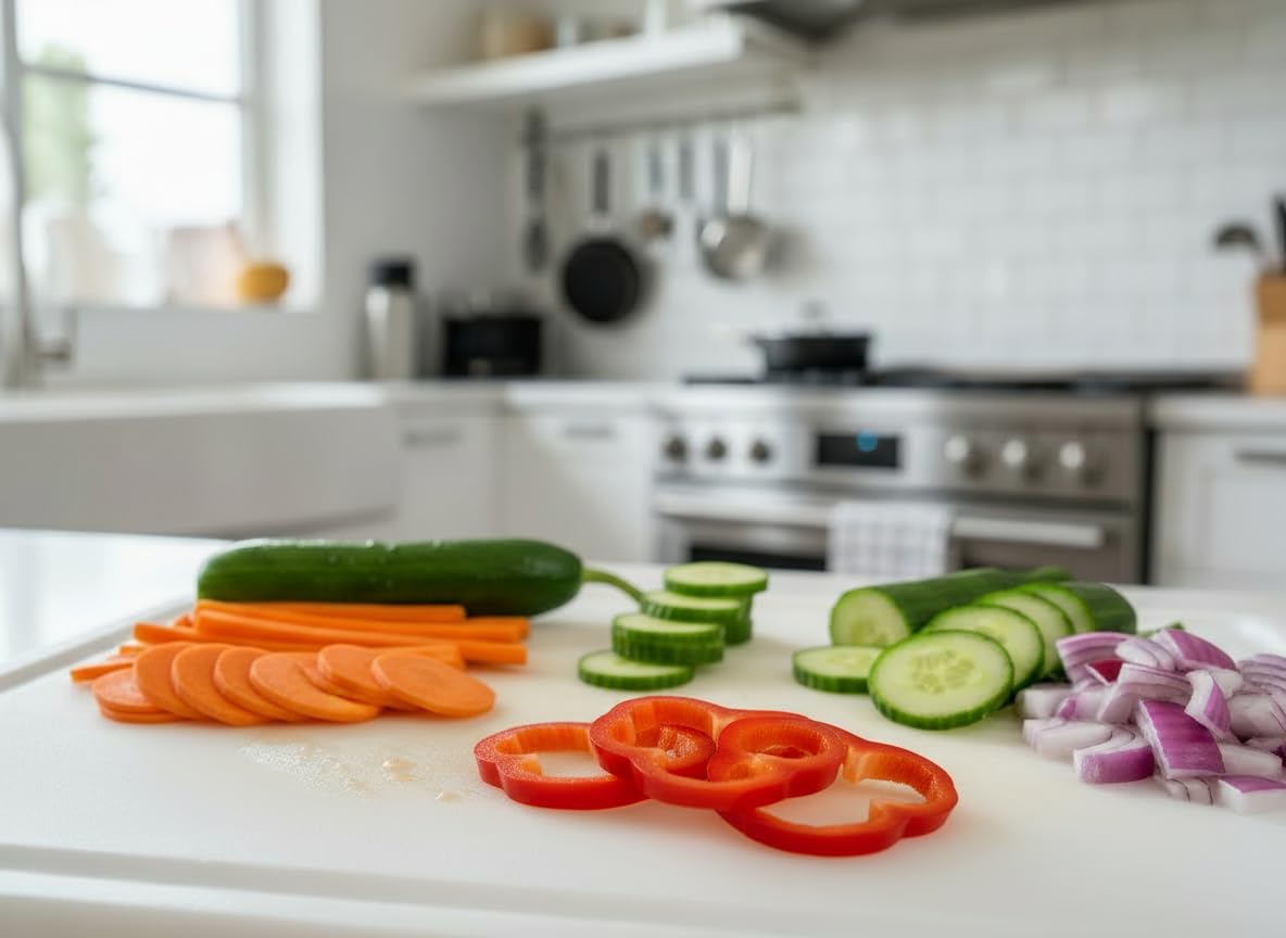 Thirteen Chefs cutting board warns against heat and sharp tools to protect surface.