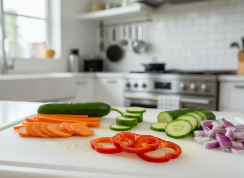 Thirteen Chefs cutting board warns against heat and sharp tools to protect surface.