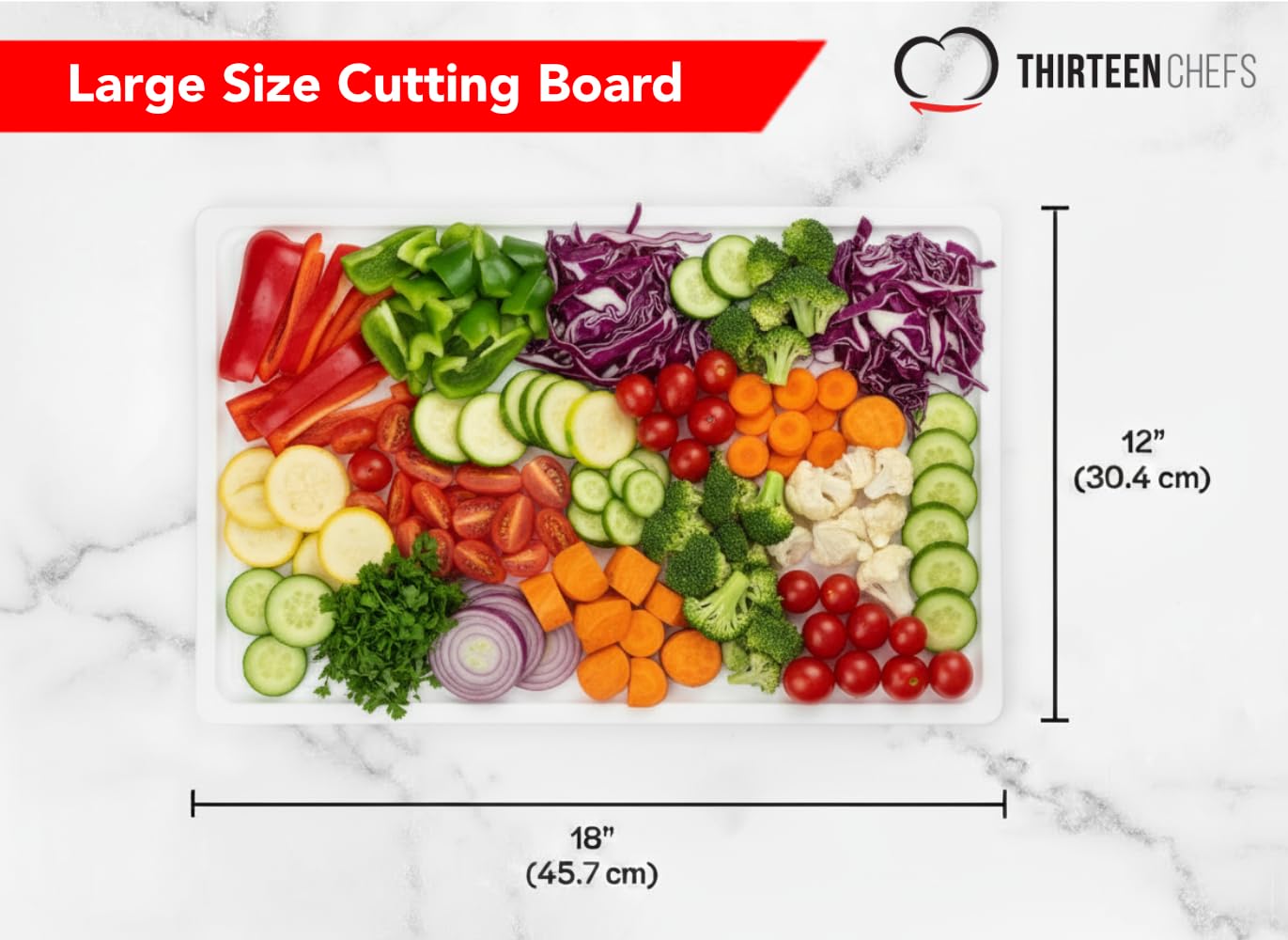 Thirteen Chefs cutting board shows ample 18x12 surface for meat carving.
