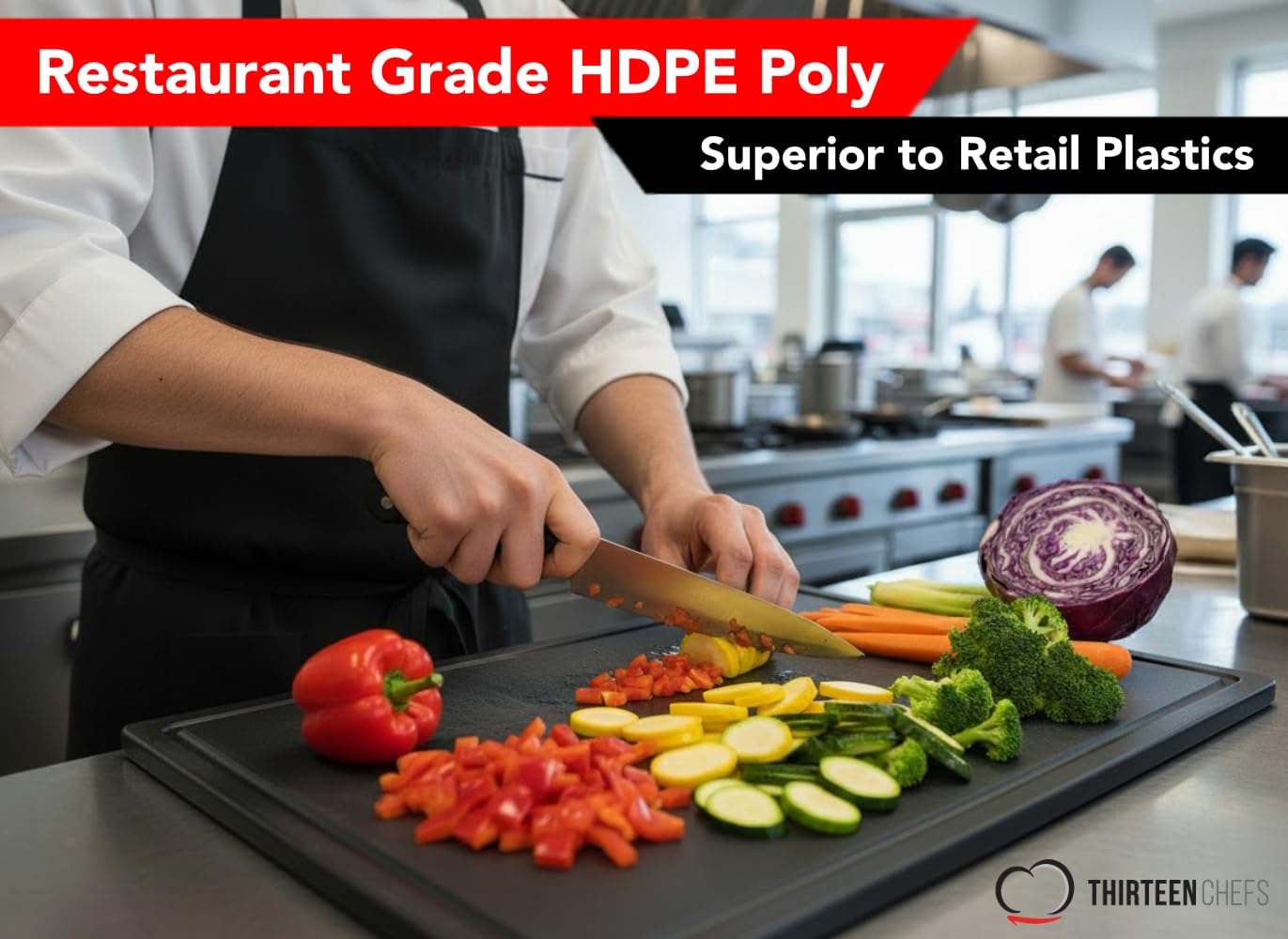 Thirteen Chefs cutting board NSF approved mark signals professional-grade food safety.