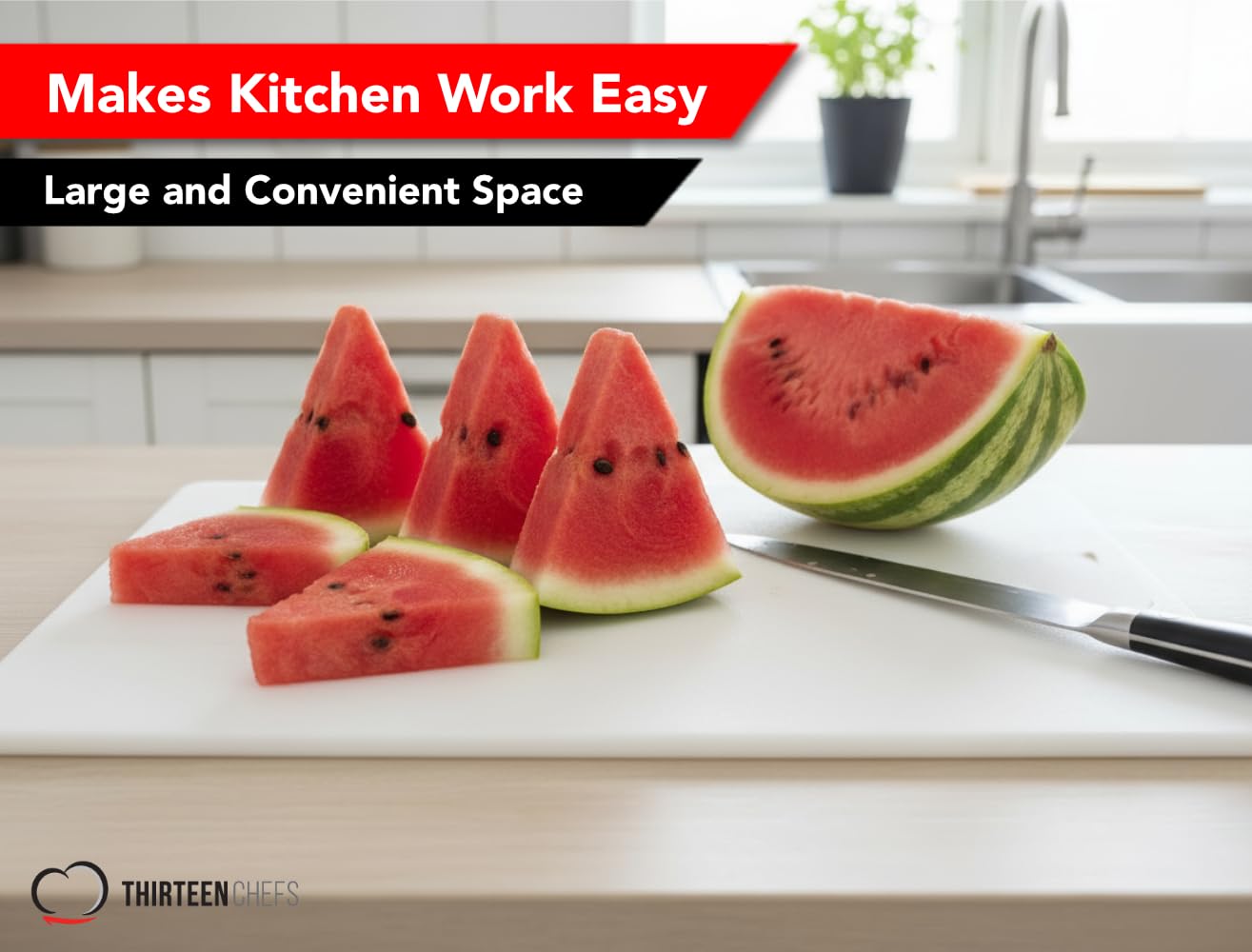 Thirteen Chefs cutting board surface resists slipping on surfaces.