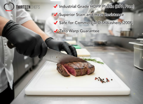 Thirteen Chefs white HDPE surface highlighted for durability and easy cleaning.