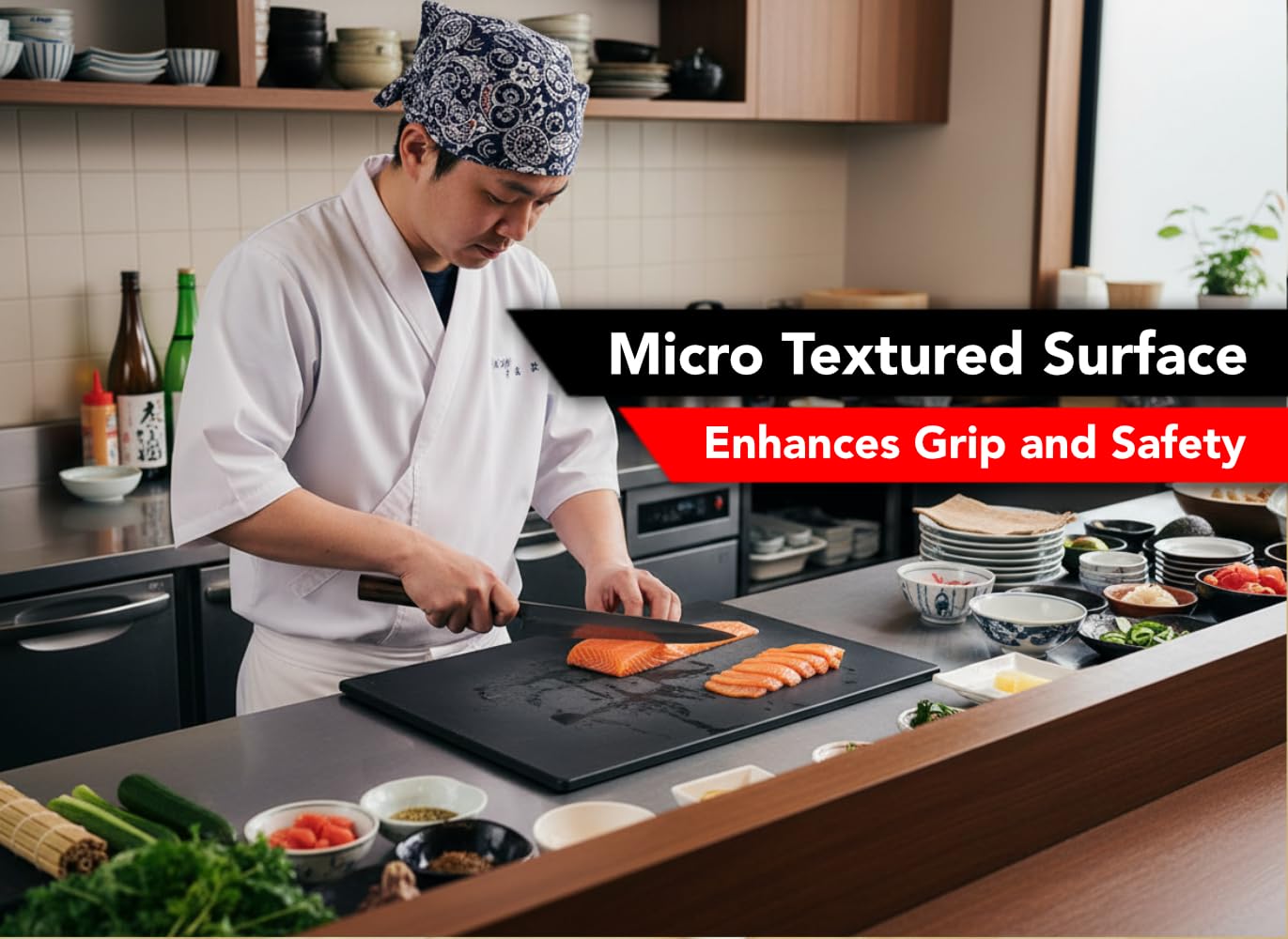 Thirteen Chefs extra-large cutting board in a professional kitchen.