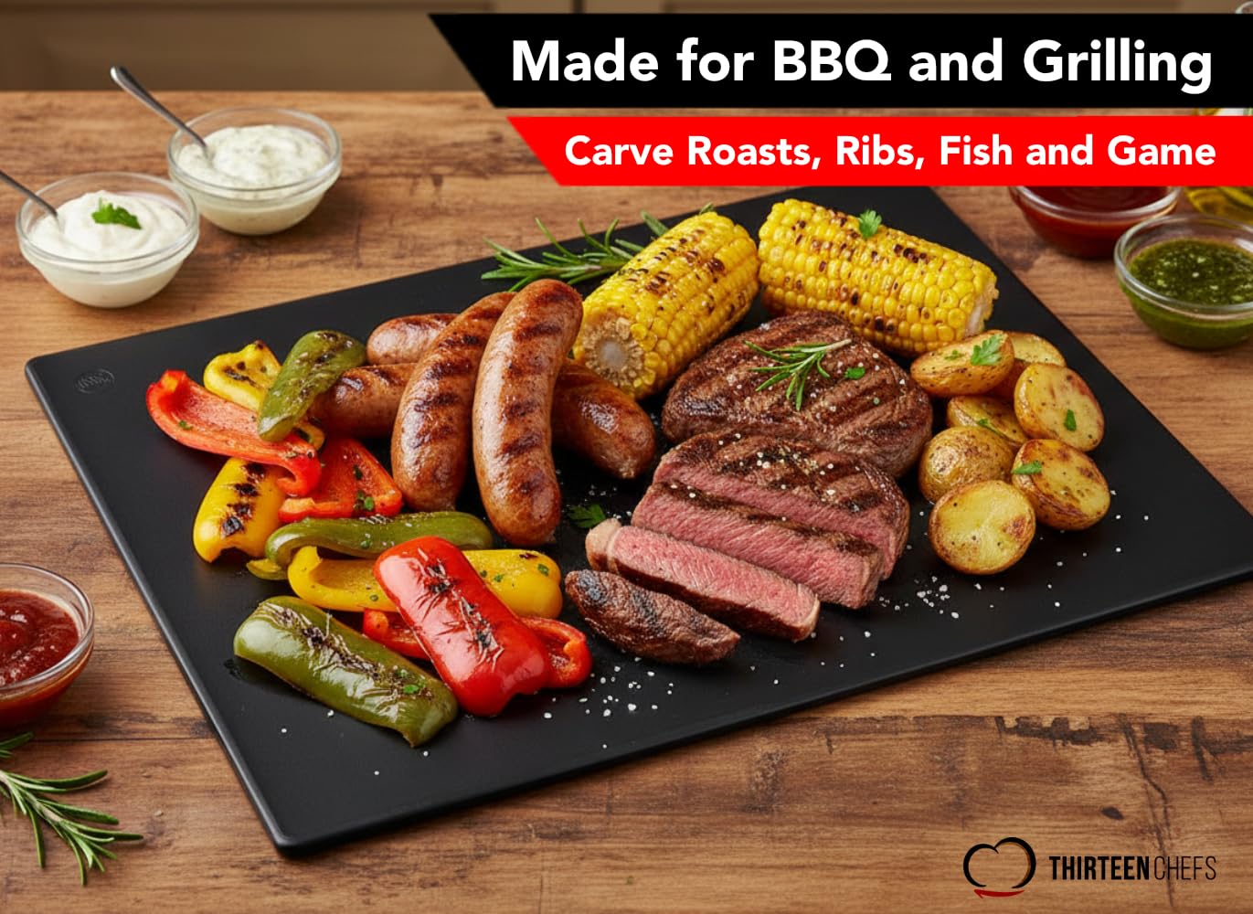 Thirteen Chefs extra-large cutting board with black surface hides stains.