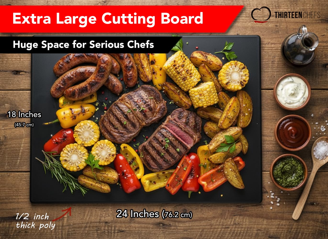 Thirteen Chefs extra-large cutting board in use during meal prep.