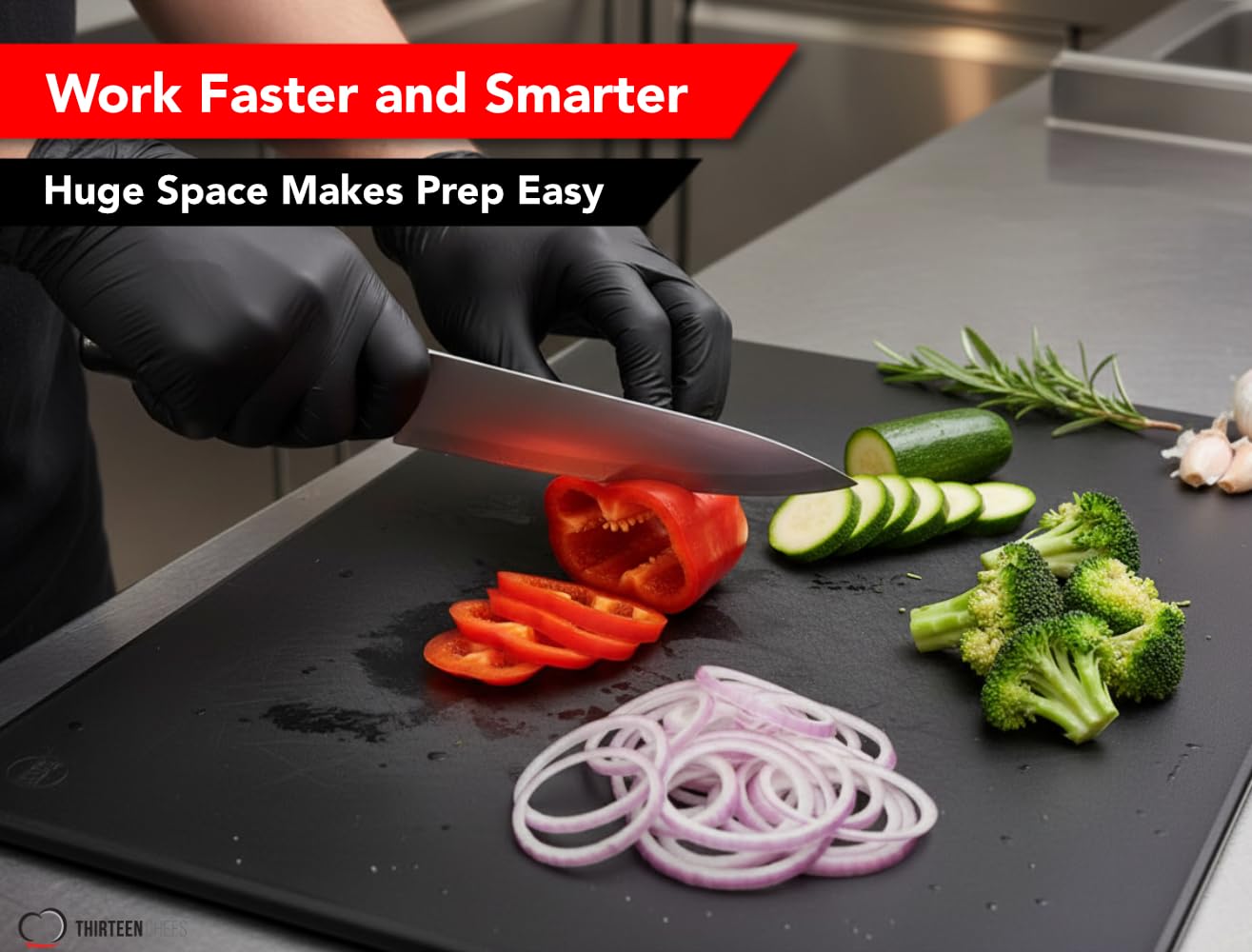 Thirteen Chefs extra-large cutting board with large workspace for meat prep.