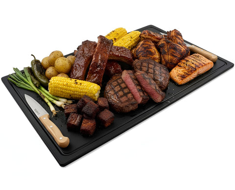 Thirteen Chefs extralarge cutting board 30x18 with grooved channel for mess-free carving.