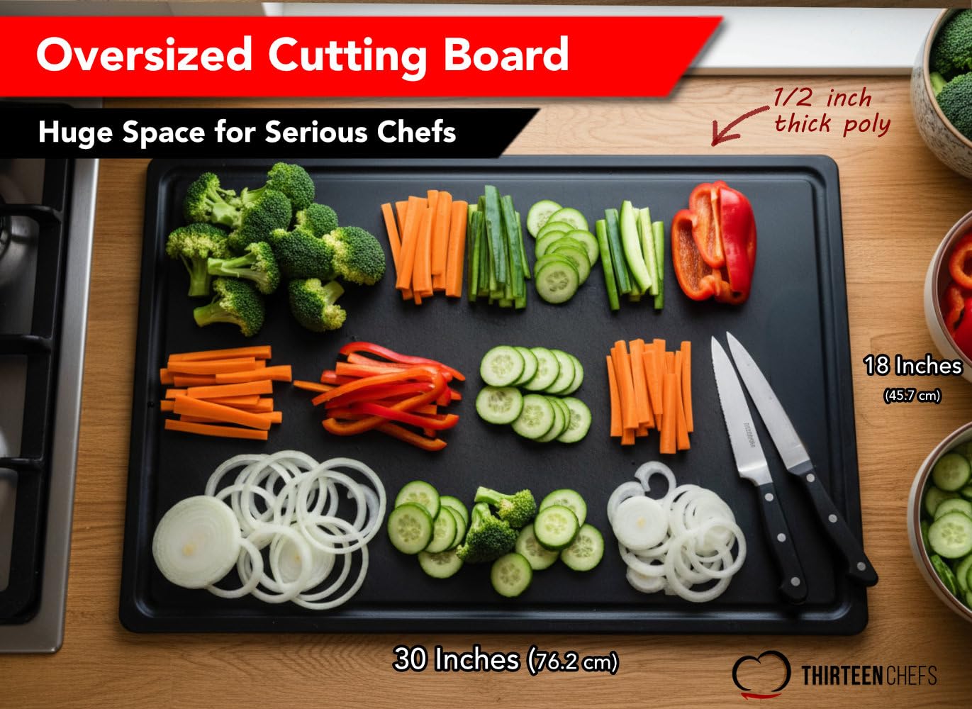 Thirteen Chefs grooved drip-channel board catching juices during carving.
