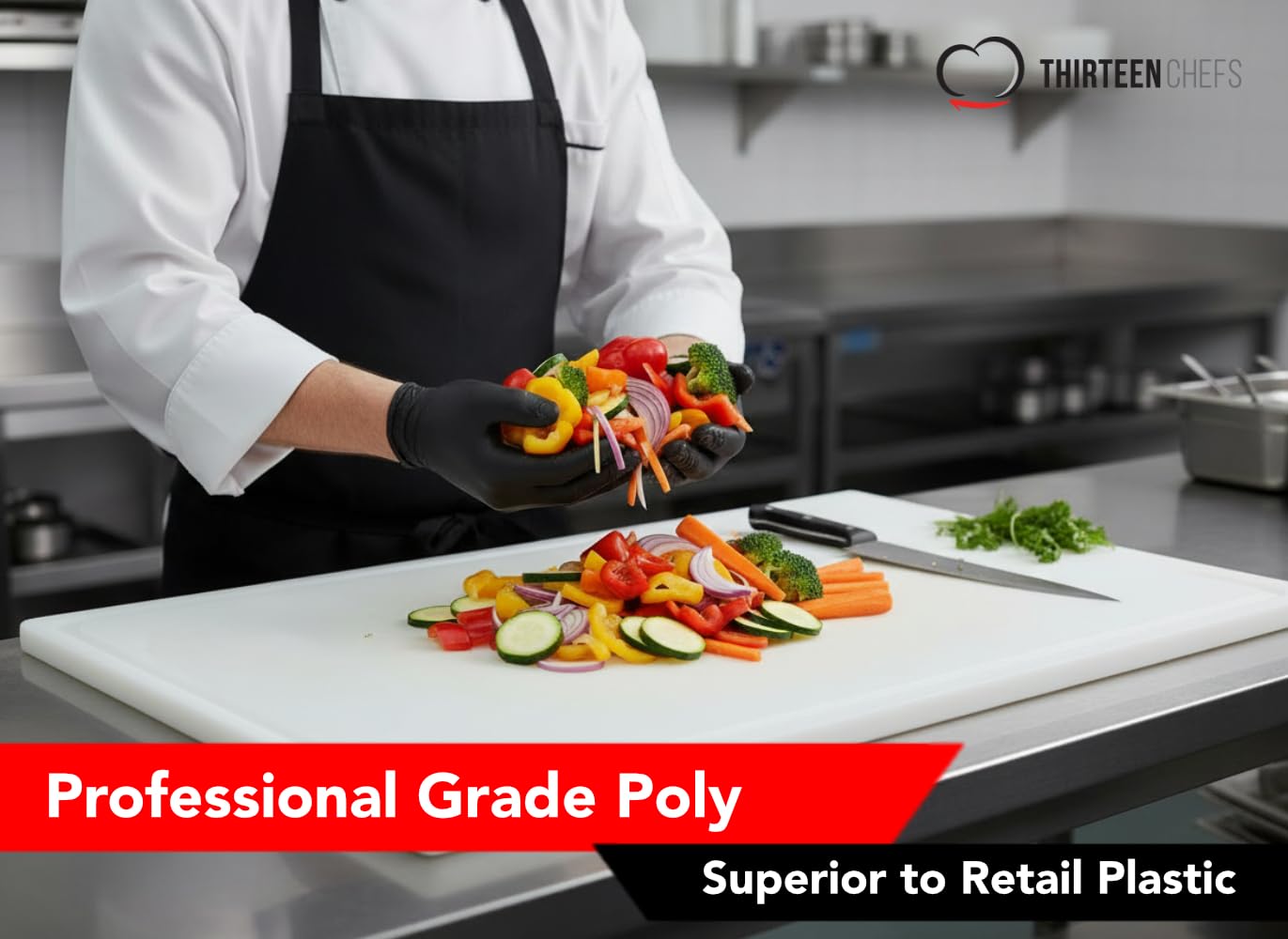 Thirteen Chefs HDPE cutting board emphasizes durability and warp resistance.