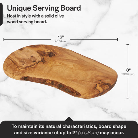 Thirteen Chefs olive wood cutting board charcuterie display with vibrant grain for stylish servings.