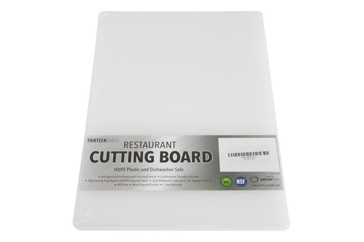 Thirteen Chefs plastic cutting board top view with large 18x12 surface for family prep
