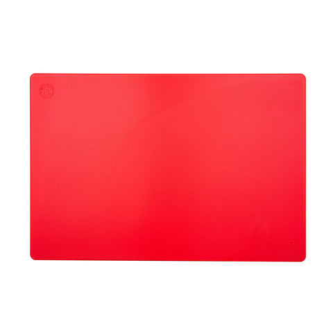 Dishwasher-safe Thirteen Chefs red cutting board for quick, efficient cleaning.