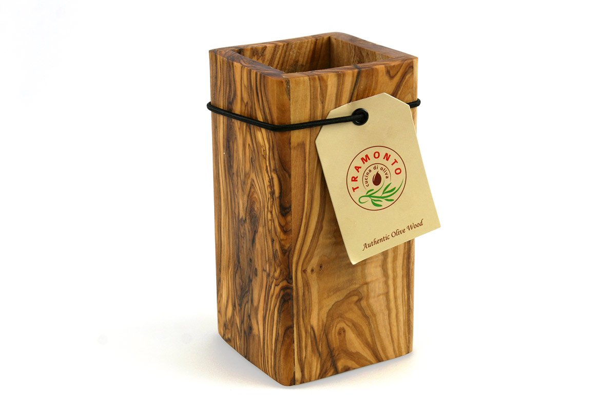 Thirteen Chefs TRAMANTO olive wood utensil holder keeps tools organized on the counter.