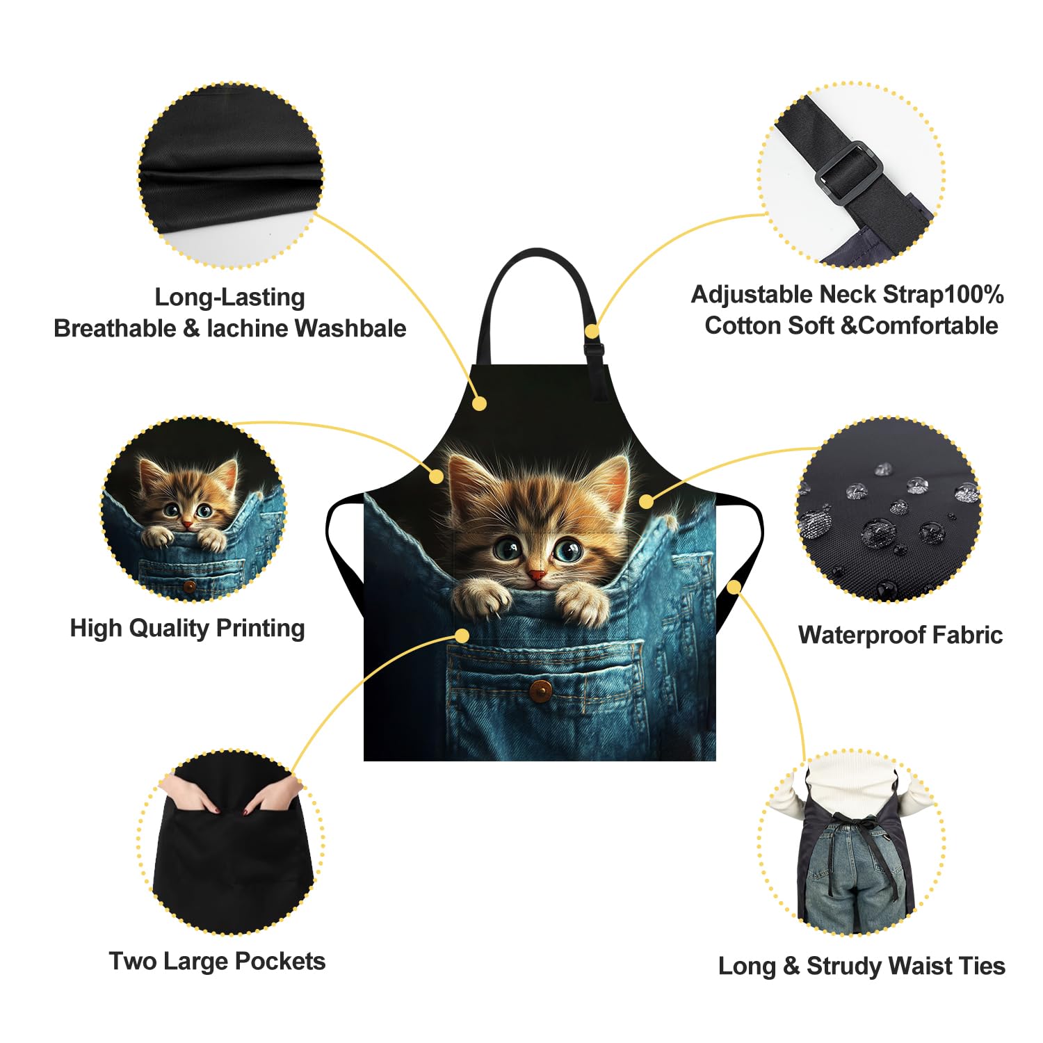 THISFIND Cat in Pocket Apron features adjustable neck strap for versatile fit.
