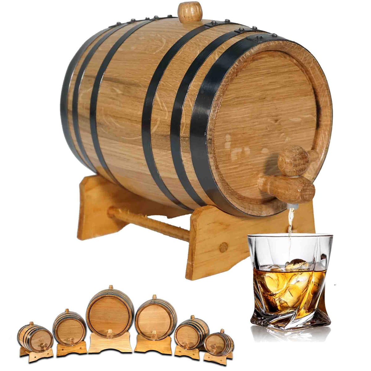 THOUSAND OAKS BARREL 2L oak aging barrel with stand enables compact home aging for cocktails.