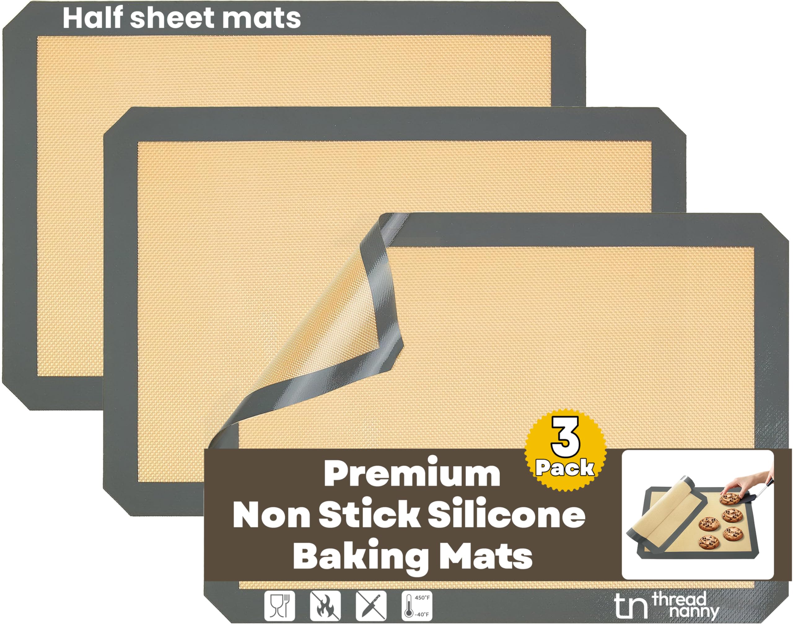 ThreadNanny silicone baking mat 3-pack showcasing reusable nonstick liners.