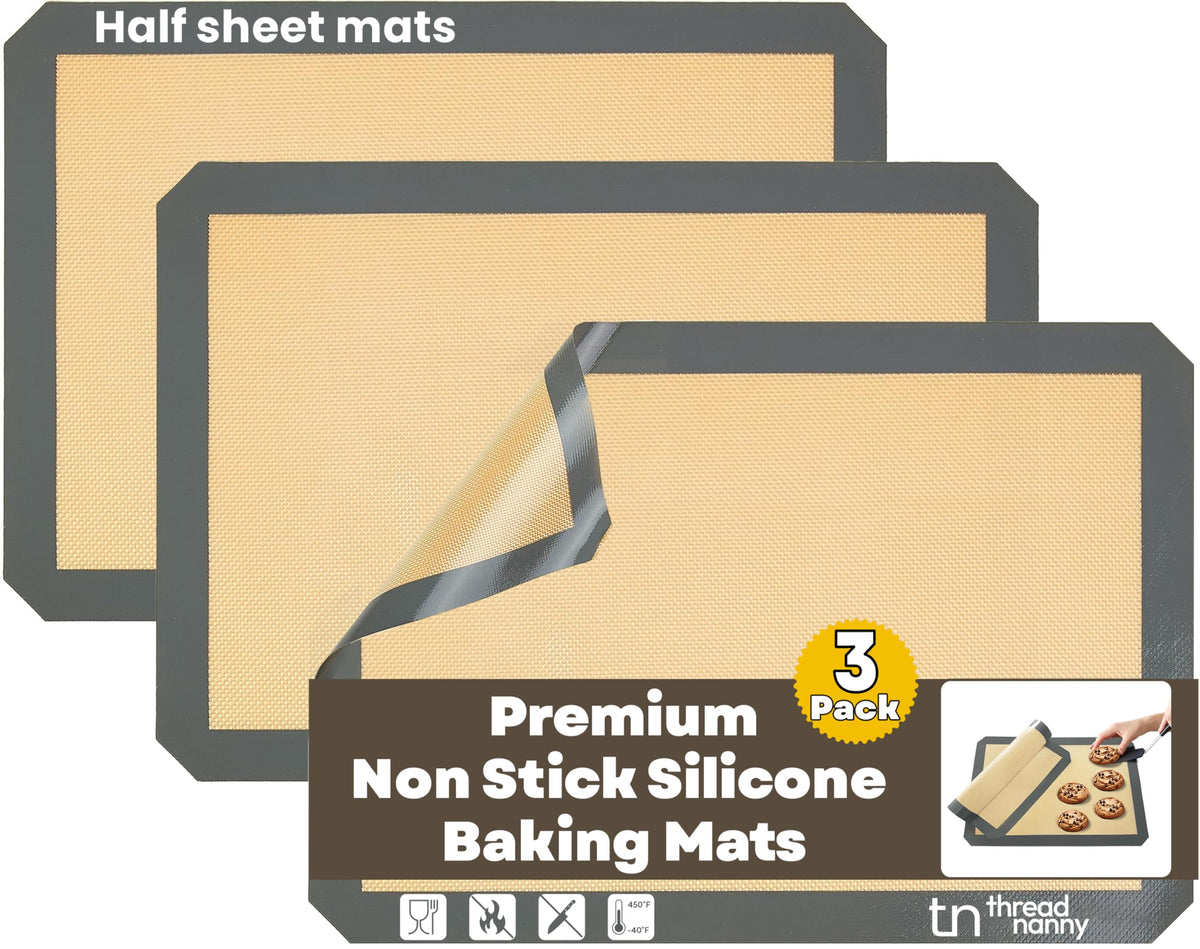 ThreadNanny silicone baking mat 3-pack showcasing reusable nonstick liners.