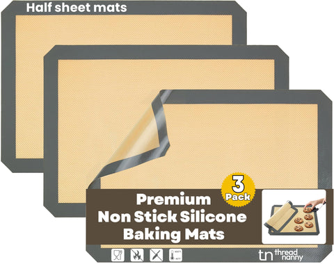 ThreadNanny silicone baking mat 3-pack showcasing reusable nonstick liners.