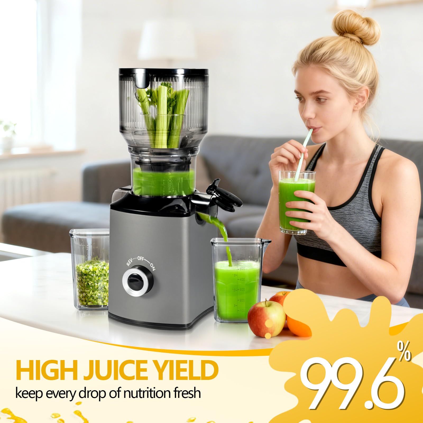 ThreeAll juicer with dual filters separates juice and pulp efficiently.
