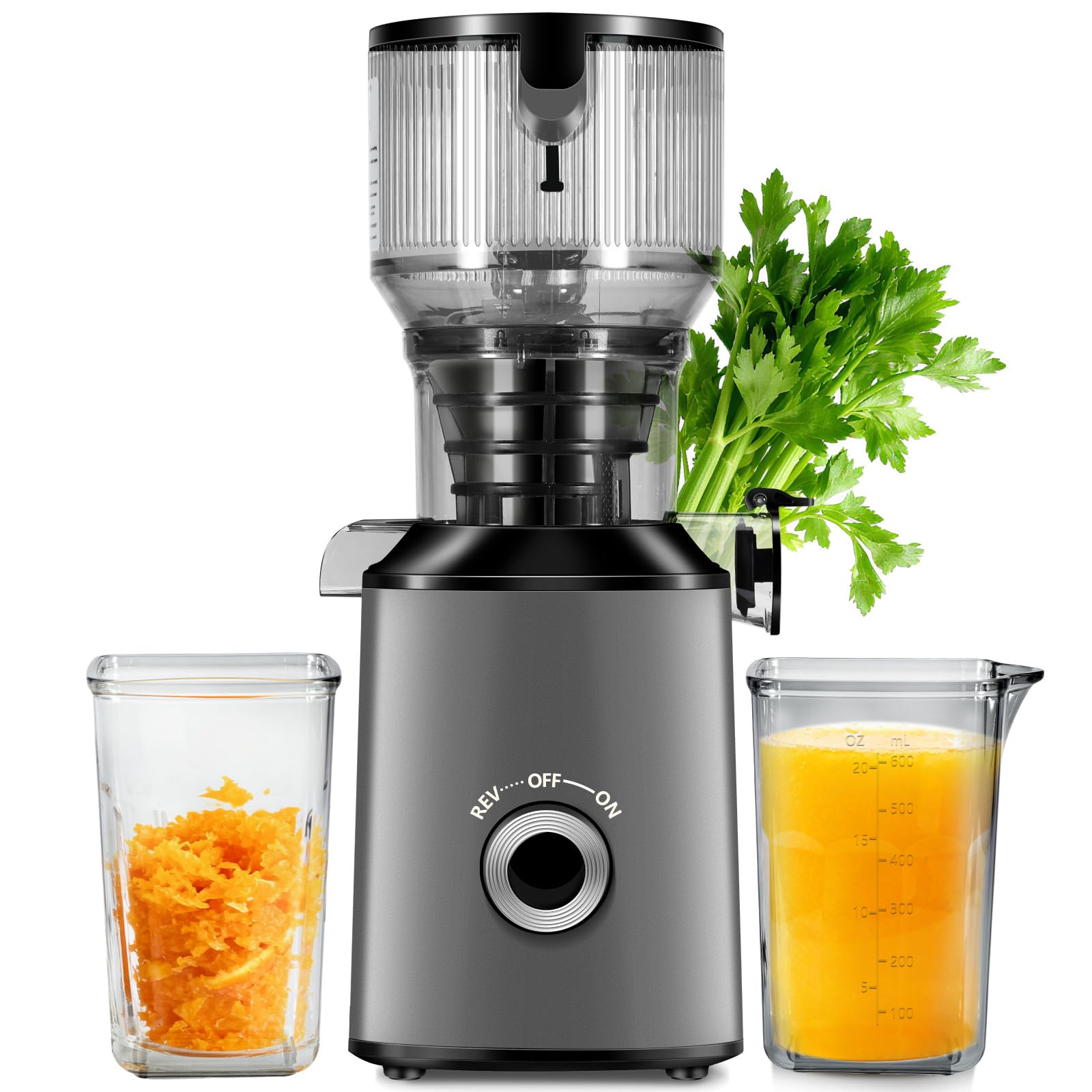 ThreeAll cold press juicer with wide feed chute for whole fruits saves prep time.