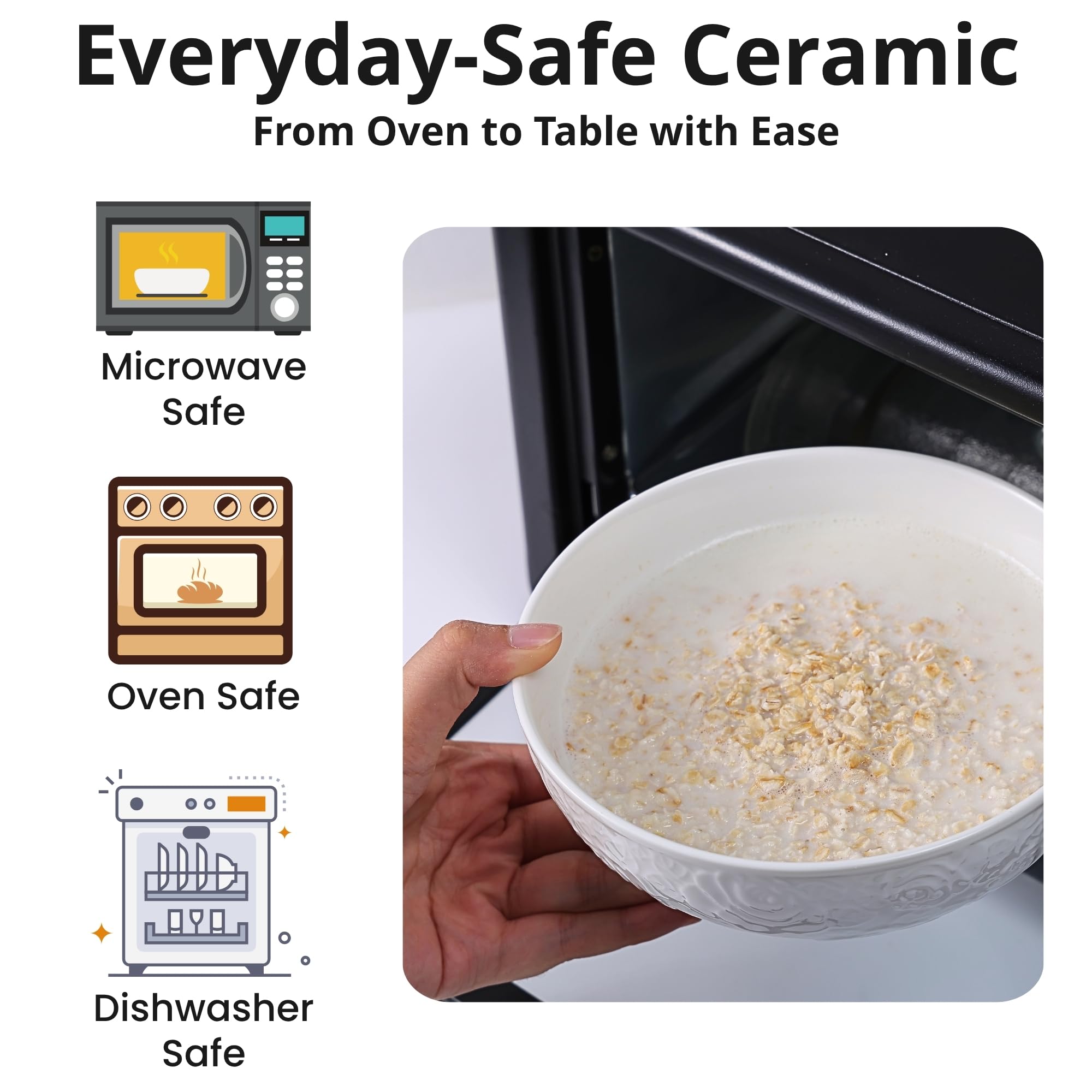 THRYVONA bowls feature thick, lead-free porcelain for easy cleaning.