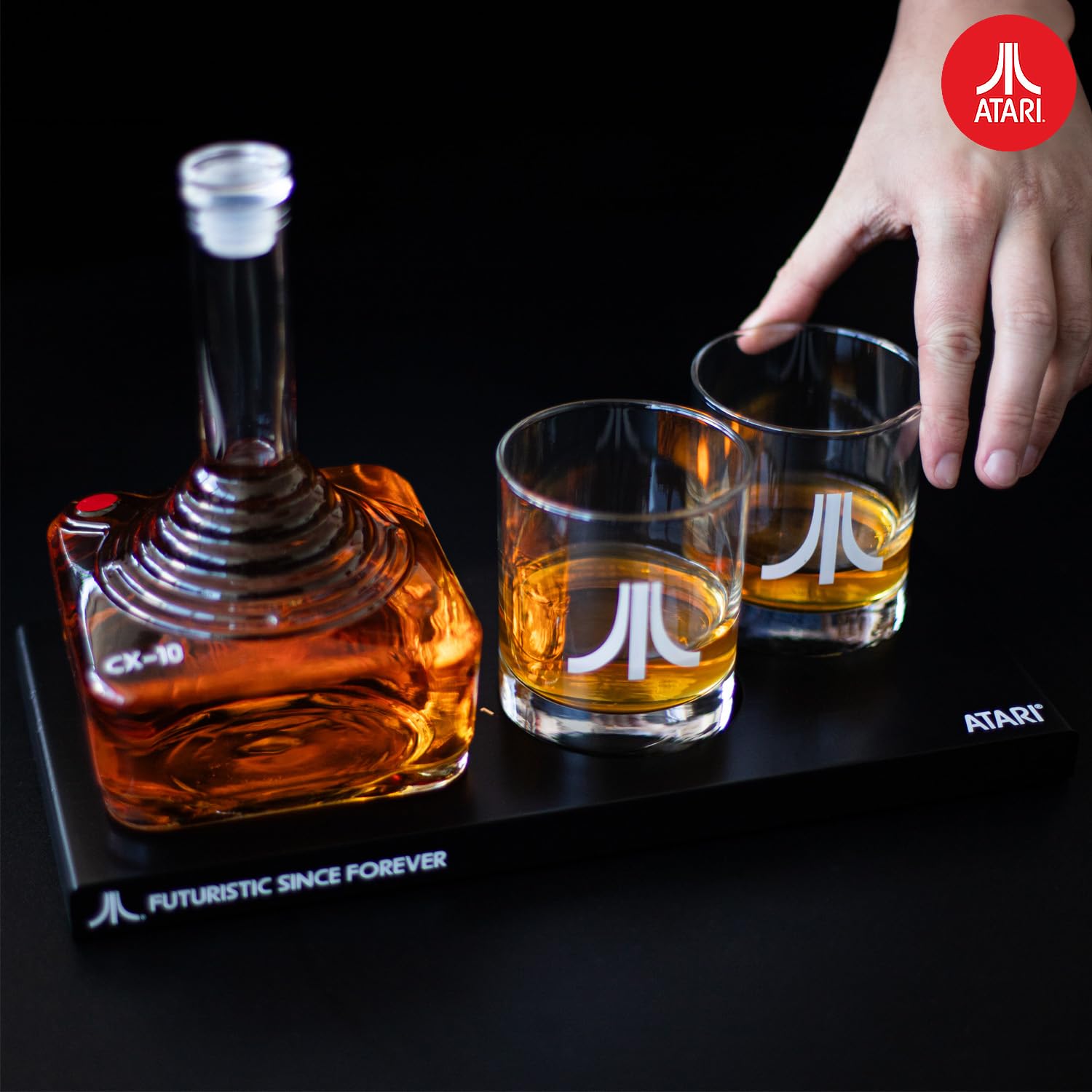 Thumbs Up Atari action button glasses with engraved logo, elevating game-night toasts.