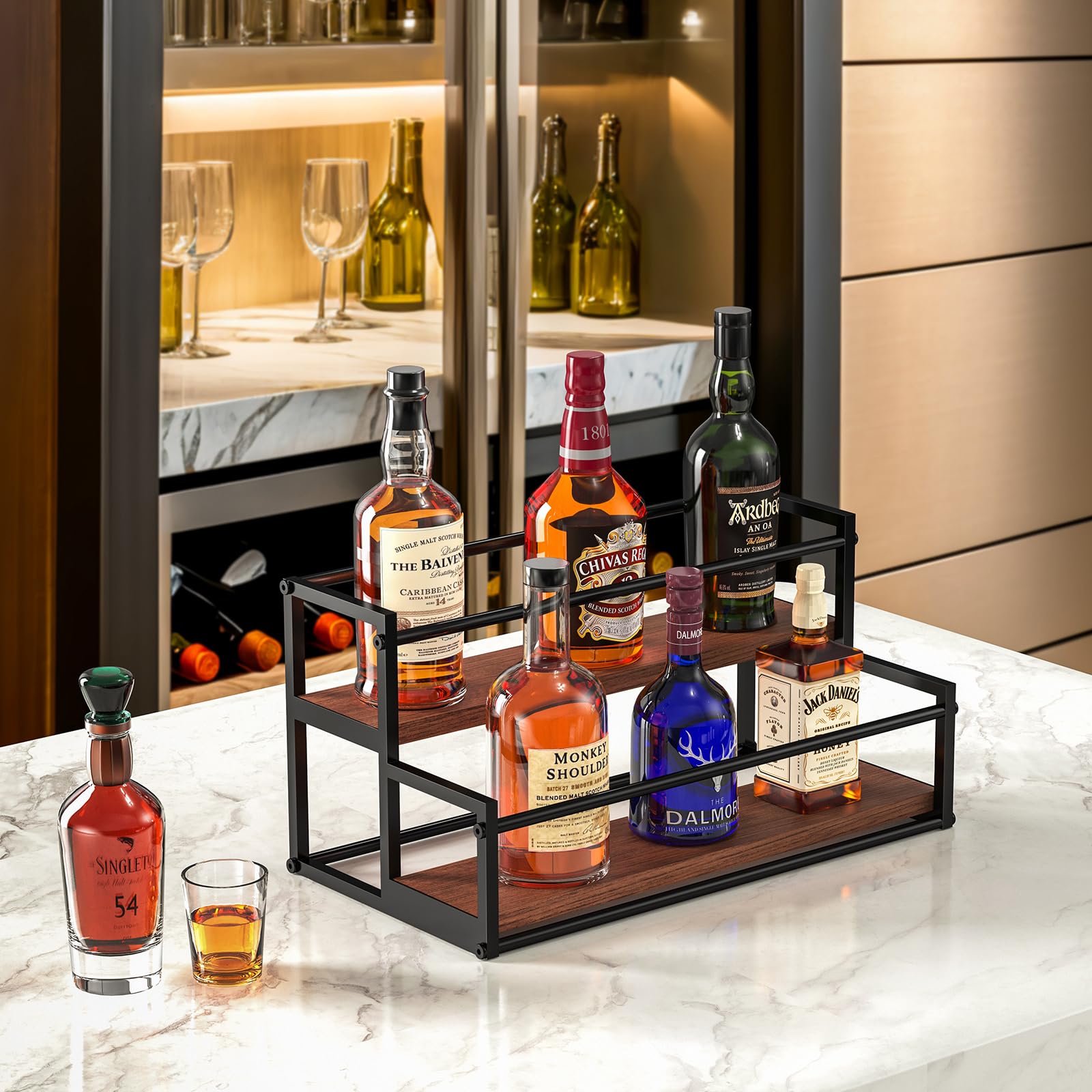 THYGIFTREE bar shelf with rustic wood base showcasing bottles neatly