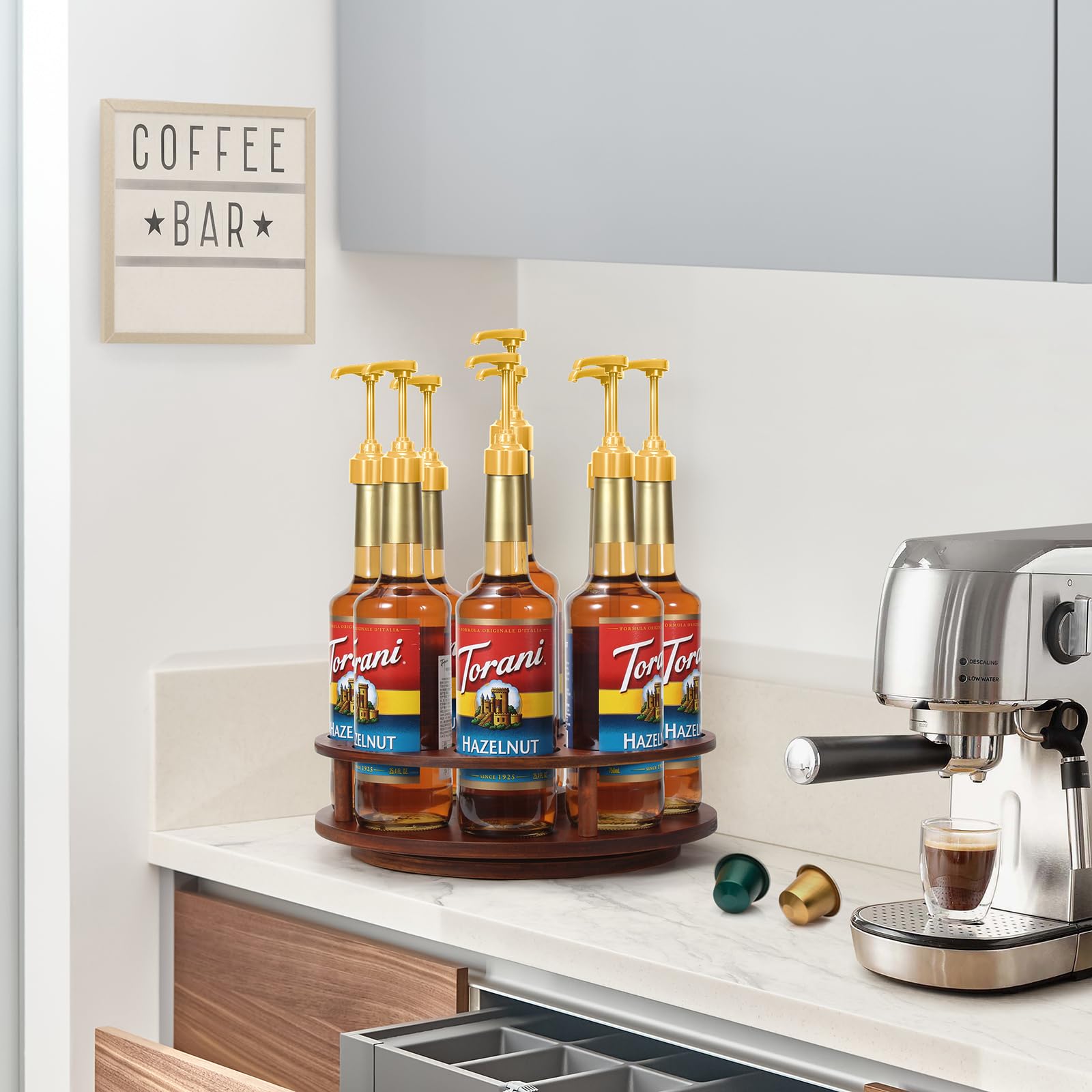 THYGIFTREE coffee bar setup enhances rustic kitchen decor