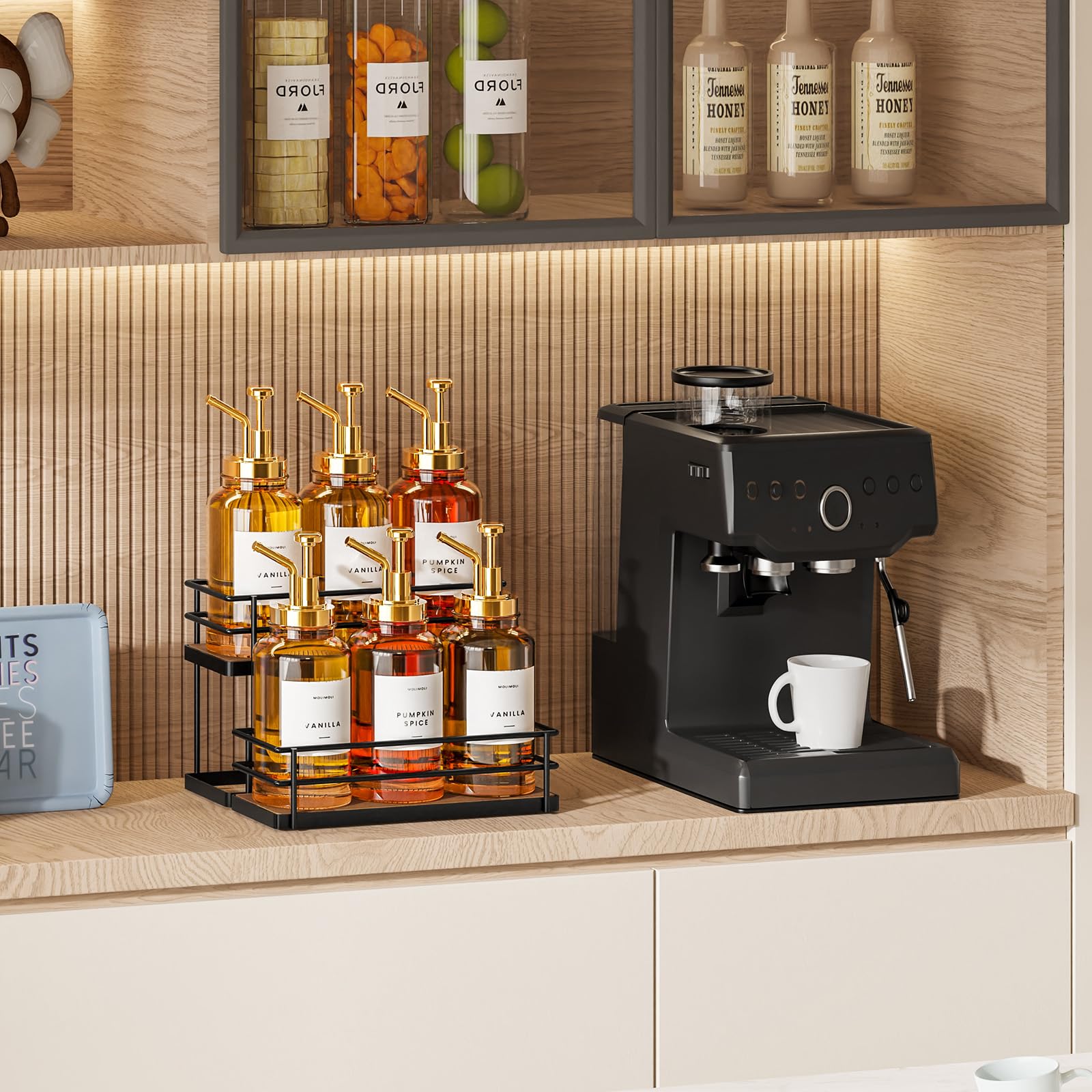 THYGIFTREE countertop organization keeps syrups within reach during busy mornings
