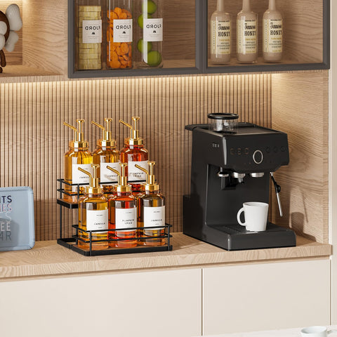 THYGIFTREE countertop organization keeps syrups within reach during busy mornings