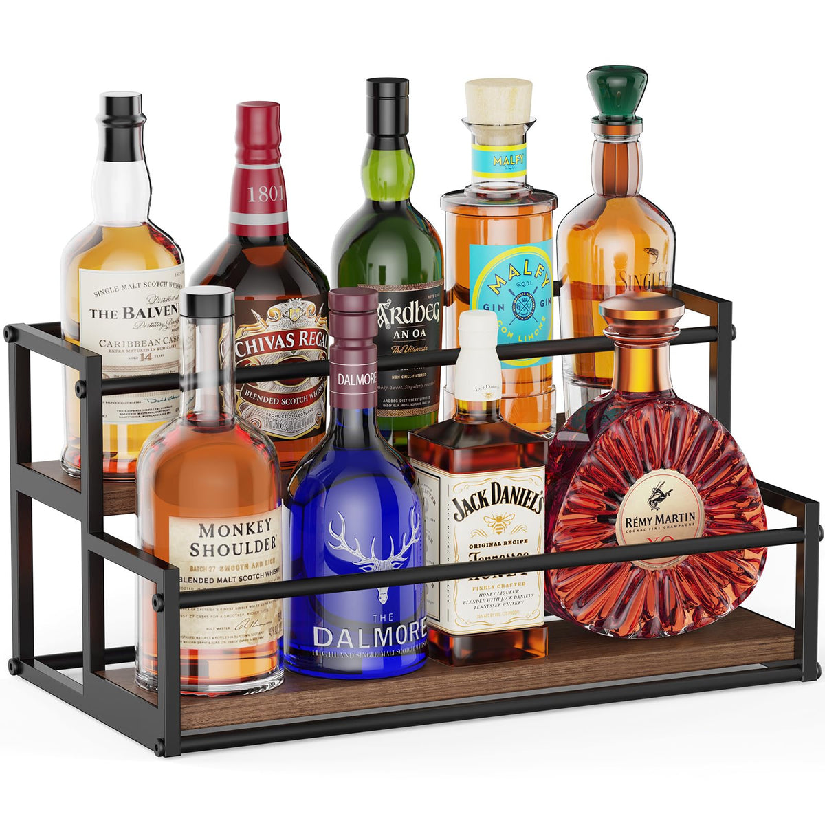 THYGIFTREE two-tier liquor display on a matte black metal frame for organized bottles