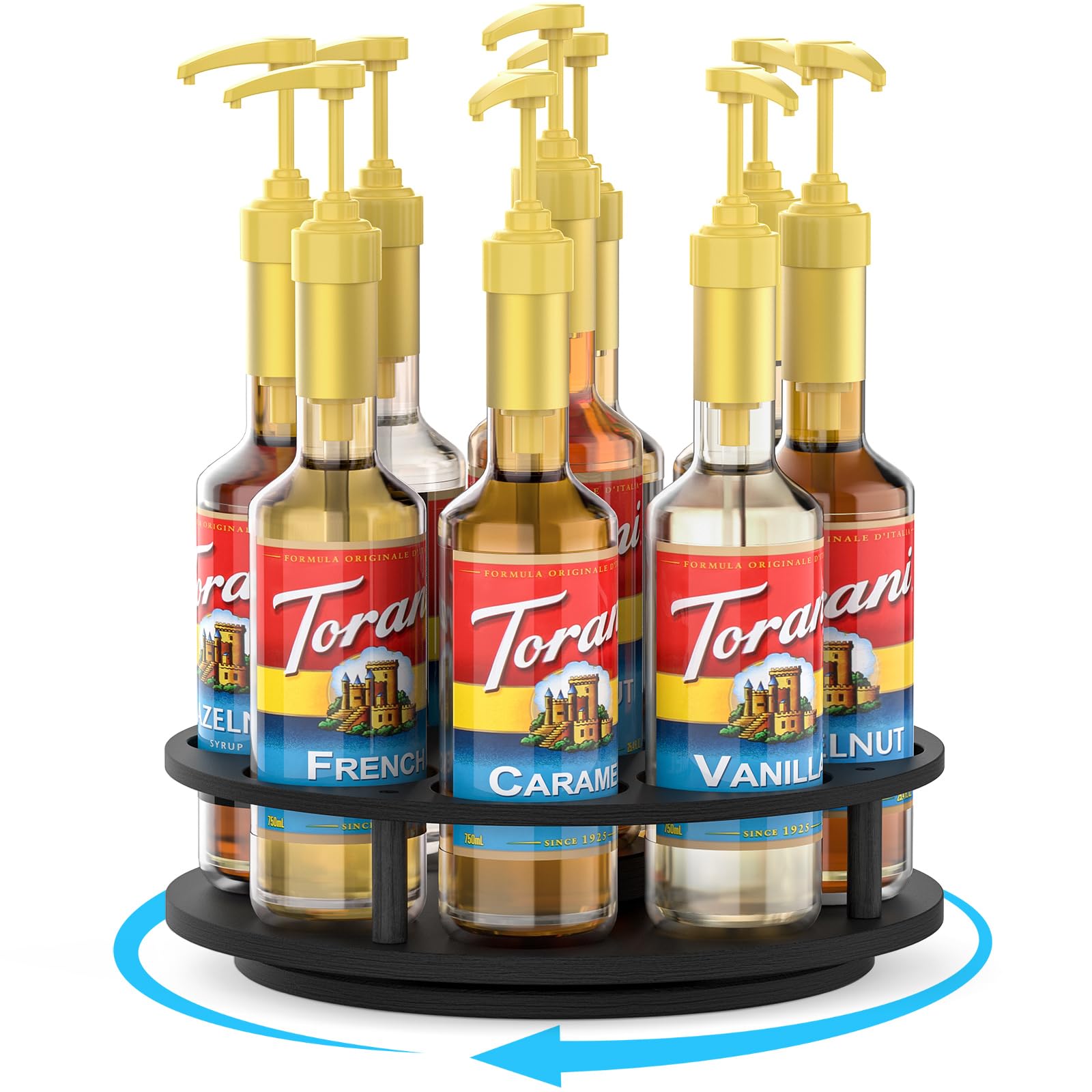 THYGIFTREE rotating syrup organizer displays nine bottles for quick access on the counter