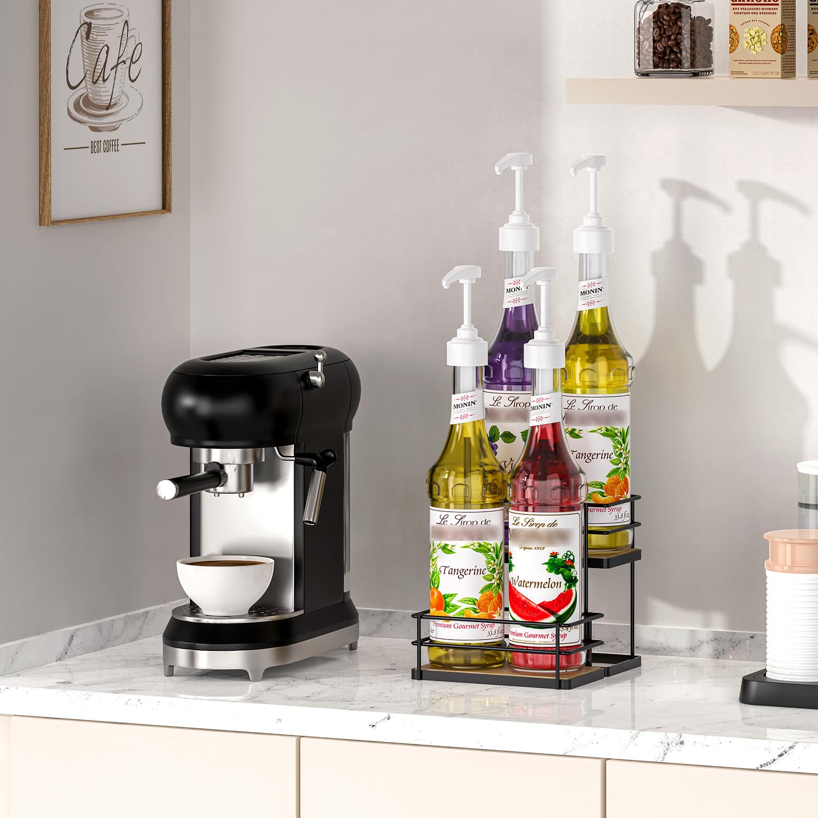 THYGIFTREE syrup bottles in rack neatly displayed for quick access.