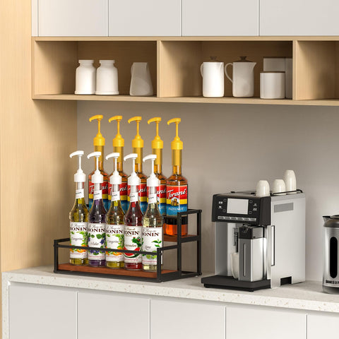 THYGIFTREE Syrup Bottles with Pumps on Rack enables mess-free pouring.