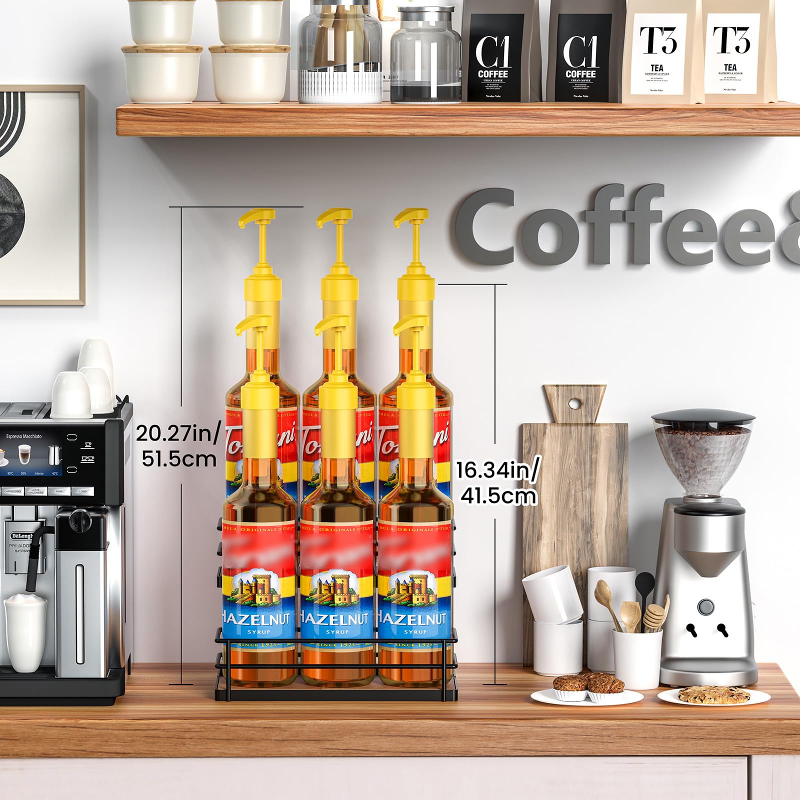 THYGIFTREE syrup rack front with bottles highlights organized setup for home coffee bar