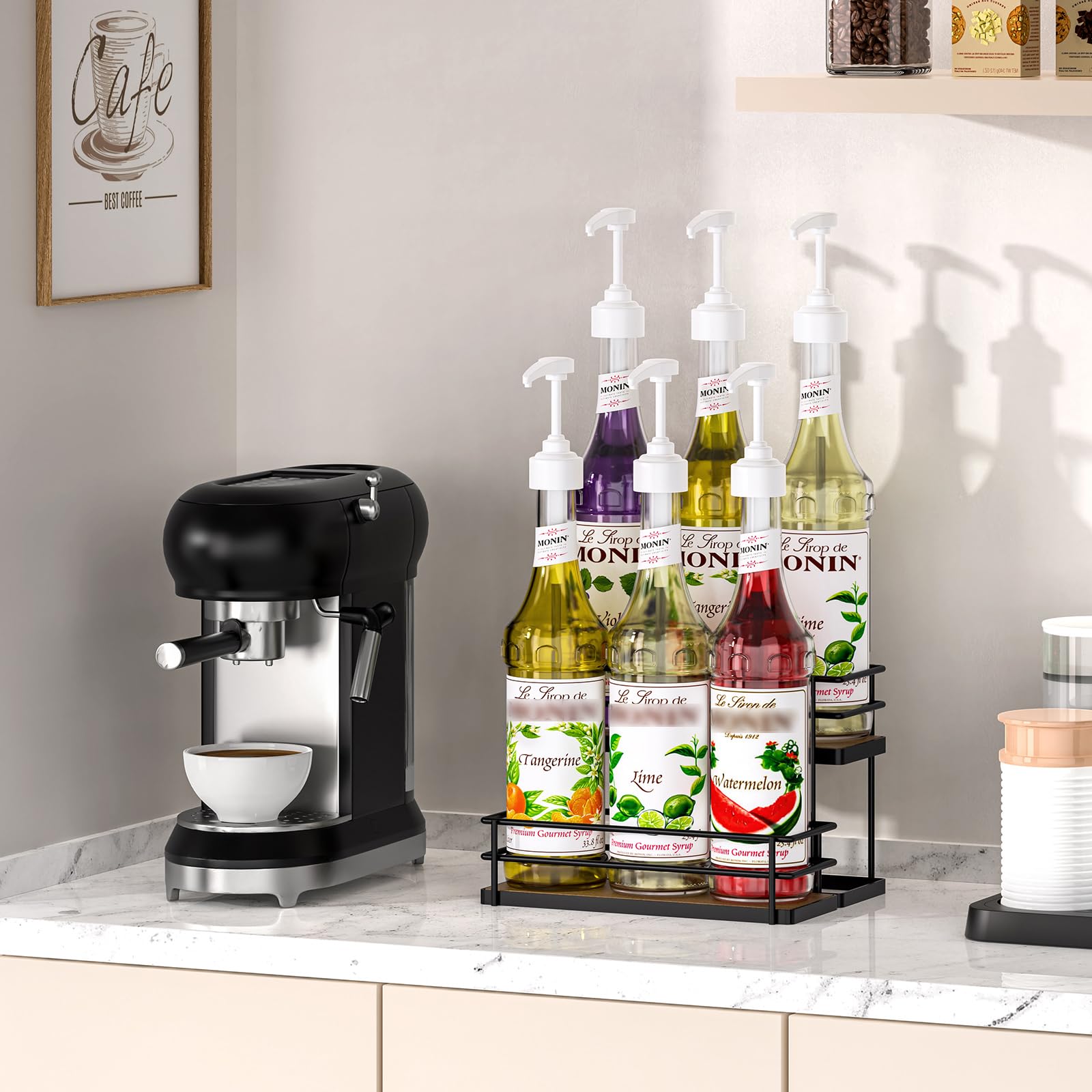 THYGIFTREE syrup rack side view shows compact two-tier design saving counter space
