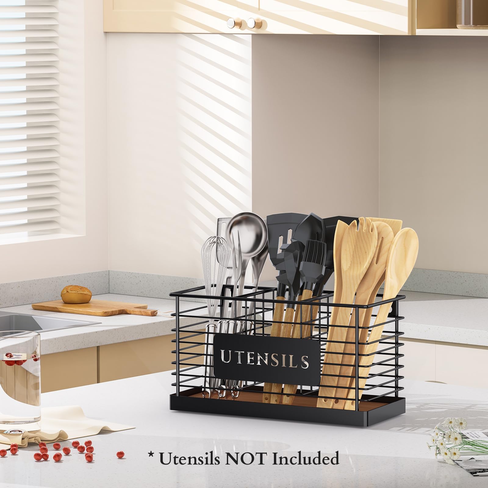 THYGIFTREE 3-compartment organizer keeps spatulas, spoons, and whisks neatly separated