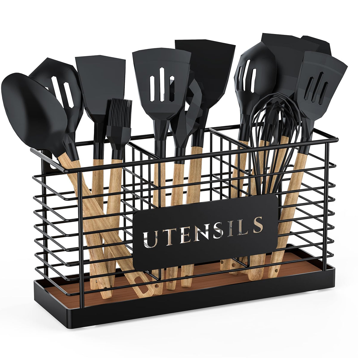 THYGIFTREE large black metal utensil holder on countertop with wood base for easy access