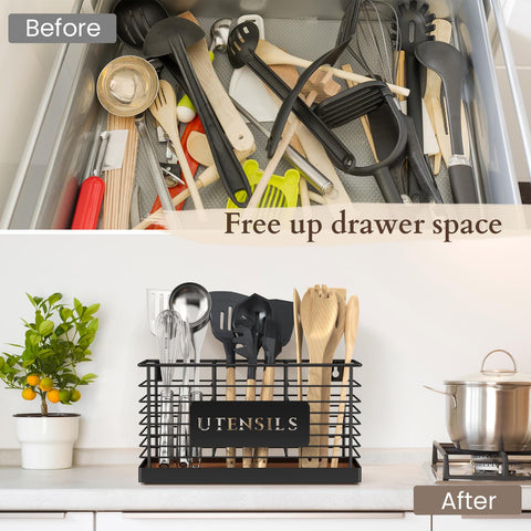 THYGIFTREE utensil caddy with oak base provides stable storage on busy counters
